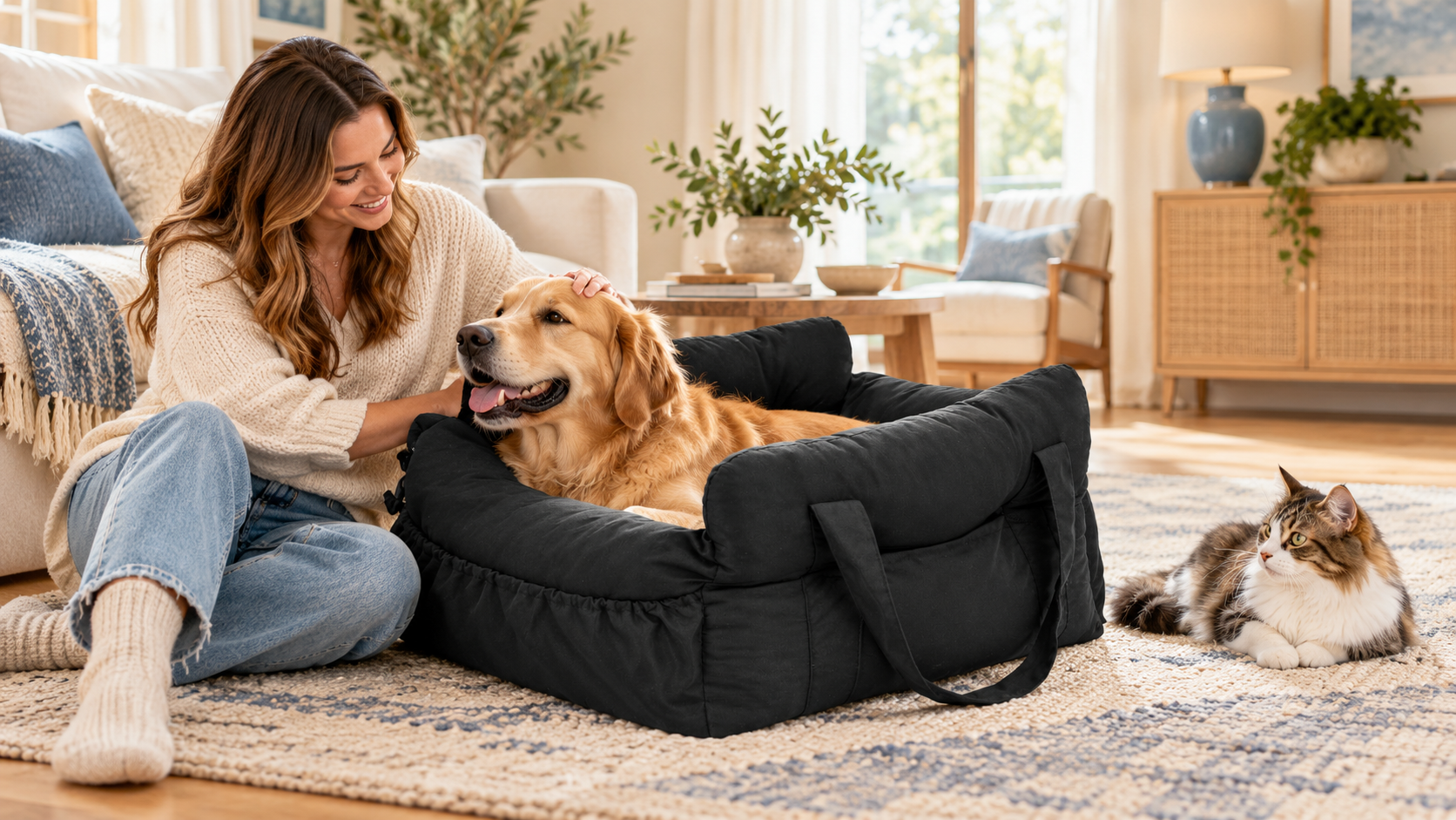 Owner petting a dog resting in a black pet bed with a cat nearby at home