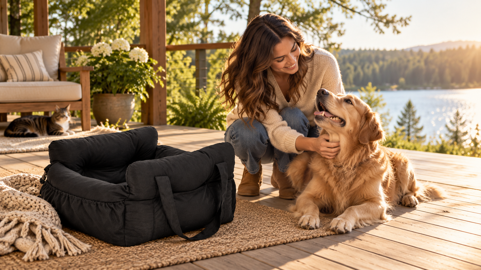 Owner greeting a dog beside a black pet bed on a lakeside porch with a cat nearby