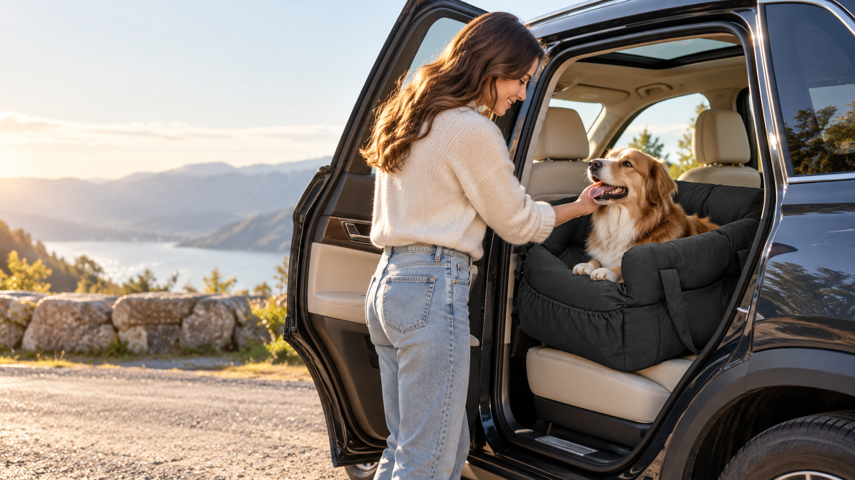 Owner greeting a dog resting in a black pet travel bed inside a vehicle